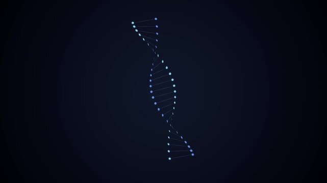 Animated DNA double helix formed by floating molecular particles, representing genetic information, genomic science, molecular biology, biotechnology and advanced genetic research