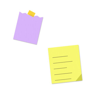 Two rectangular sticky notes, one light purple and one yellow with horizontal lines isolated on a transparent background