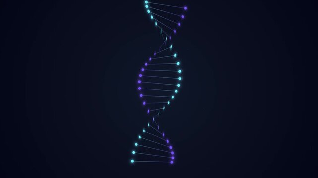 Glowing DNA Double Helix Animation with Blue and Purple Molecular Particles on Dark Background, Genetic Science, Biotechnology and Molecular Research Concept