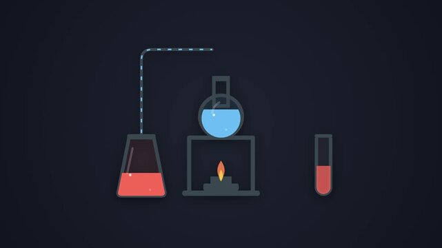 Chemistry Laboratory Experiment Animation with Flasks, Test Tubes and Heated Chemical Reaction, Scientific Research and Laboratory Testing Concept