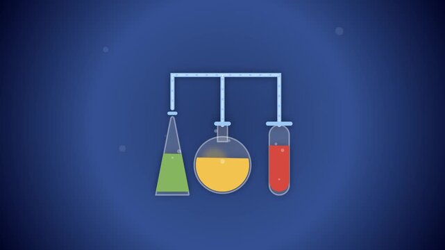 Colorful chemistry glassware with test tubes and beakers on a blue lab