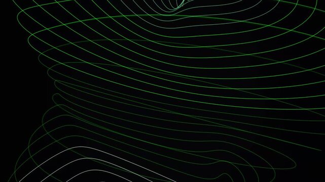 Green and white topographic wave lines creating abstract flowing motion design