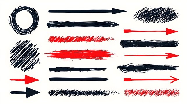 Black and red pen circle, underline and doodle arrow strokes, hand drawn highlight marks, rough text emphasis frames, pointers and marker accents in vector bundle Stock Vector