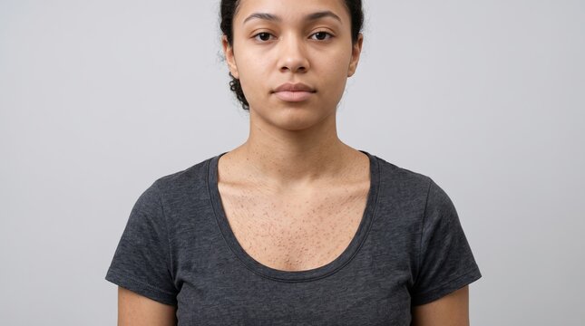 Portrait of African American Woman with Heat Rash or Folliculitis Bumps on Chest
