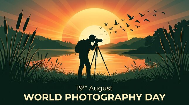 World Photography Day 19th August poster, silhouette of photographer with tripod at sunset lake, nature landscape illustration