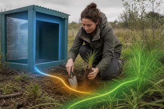 Wildlife volunteer preparing native release habitat