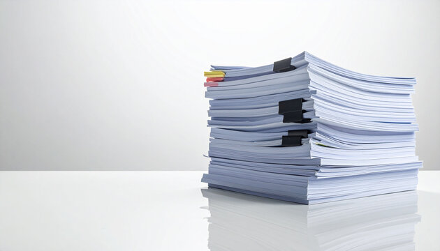 Large stack of neatly organized white papers on a clean desk, symbolizing heavy workload, bureaucracy, and document management in an office environment