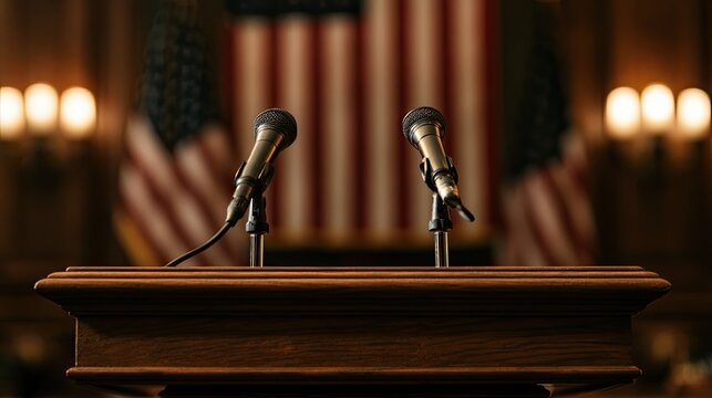 Two microphones on a wooden podium with flags and lights in background