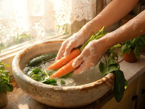 Washing Fresh Vegetables for a Healthy Salad. Clean Produce Preparation Under Running Water, Food Hygiene, Healthy Eating, Nutrition and Fresh Organic Ingredients