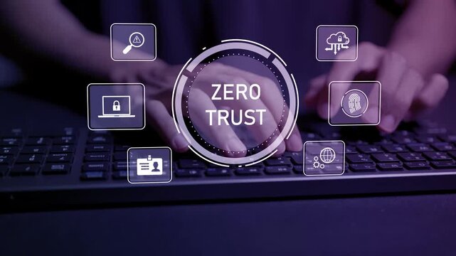 Zero Trust and data protection concept. Person typing keyboard with Zero Trust security and data protection icons, secure authentication, access control and cybersecurity.