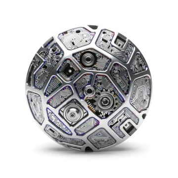 A detailed macro shot of a precision engineered metal component with complex geometric patterns, isolated on a clean white background, silver, tool, structure