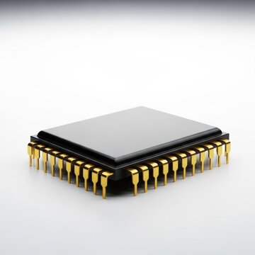 A detailed macro shot of a small rectangular microchip resting on its side against a clean white background, showing gold pins and casing, integrated, silicon, surface