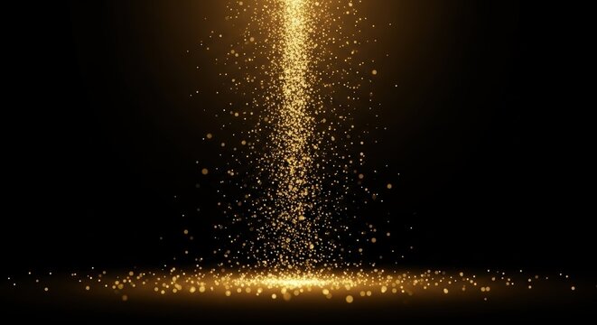 Enchanting golden particles drift gracefully upwards in a deep black void, creating a magical cinematic background with soft bokeh effects, cinematic, luxury, dream