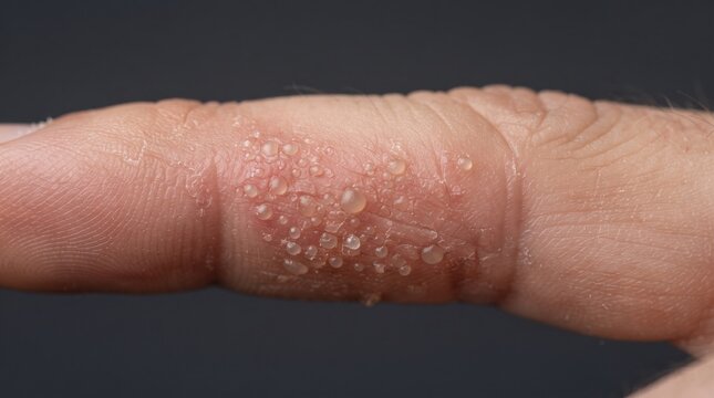Macro shot of a finger afflicted with dyshidrotic eczema, pompholyx, showing small itchy clear blisters