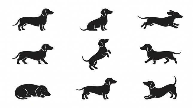 Dachshund Silhouettes in Grid Poses, Various Actions and Positions. Canine Illustration, Pet Design, Vector Graphics.