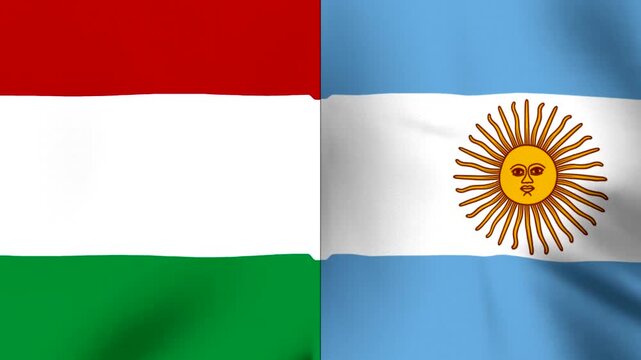 A side by side digital rendering of the national flags of Hungary and Argentina waving in the wind