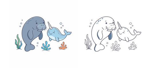Cute Cartoon Manatee and Narwhal Swimming Together in Ocean Vector © MstSangita