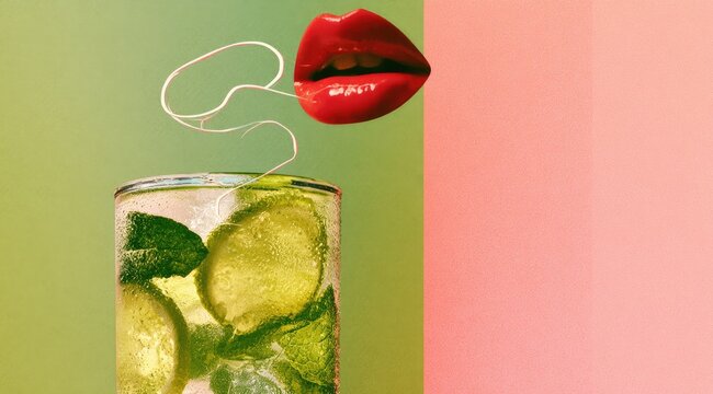 Glossy red lips seemingly speaking into a glass of refreshing lime and mint drink