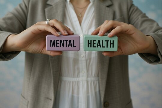 Womans hands holding MENTAL HEALTH blocks, symbolizing therapy, self-care, and mental well-being support.