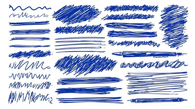 Blue ball pen scribble doodle collection with notebook sketch lines, squiggle underlines, hand drawn journal marks, school note elements, abstract pen strokes and vector illustration Stock Vector