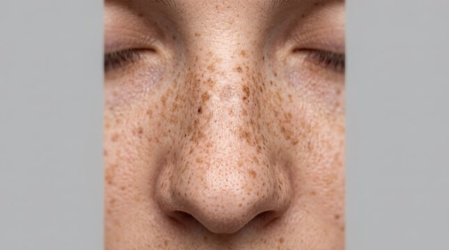 Close up of face and nose with dense natural freckles and sun spots close eyes portrait