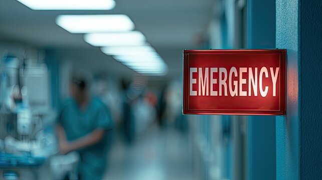 Illuminated red "EMERGENCY" sign glows in a blurred hospital corridor