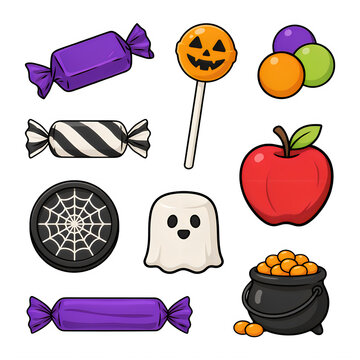 Halloween candy assortment with jack-o'-lantern lollipop and cauldron during spooky season isolated on transparent background