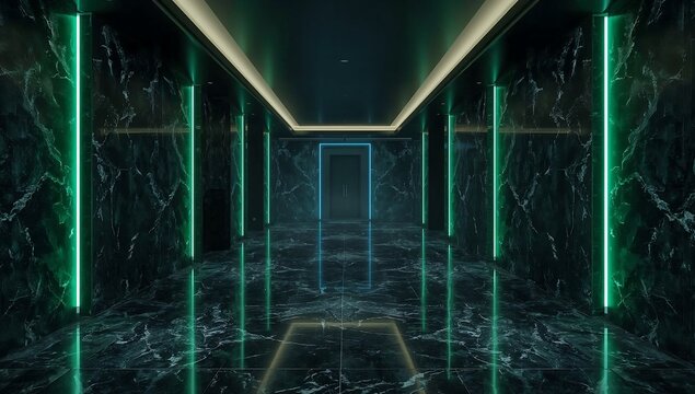 Generative AI depicts a futuristic corridor with illuminated green and blue accents
