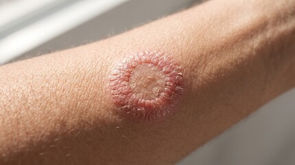 Fototapeta premium Close Up of Arm with Ringworm Tinea Corporis or Lyme Disease Tick Bite Rash