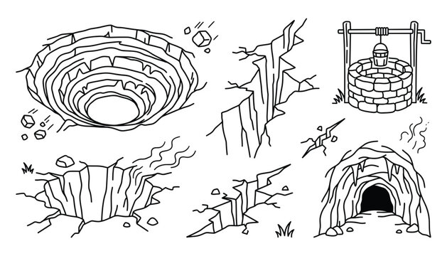 Earth Hole Ground Crack Cave and Water Well Vector Line Art Set with Sinkhole, Ravine, Mine Entrance, and Geological Fracture Elements for Landscape Designs