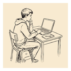 Vintage line art illustration of a young student boy sitting at a classroom desk typing on laptop computer with computer studying education learning illustration teenager homework academic