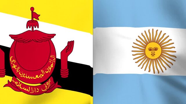 National flags of Brunei and Argentina waving side by side representing international cooperation and diplomatic relations between the two countries
