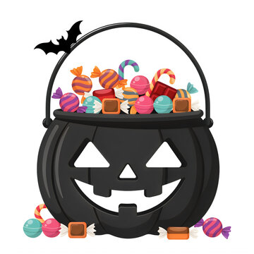 Halloween cauldron filled with assorted colorful candies and a bat silhouette isolated on transparent background