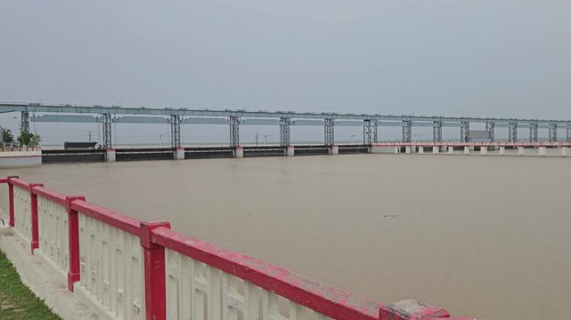 Kosi Barrage on the Kosi River at Indo-Nepal Border, Bhimnagar, India-Nepal, Massive Sluice Gates, Flood Control and Irrigation Infrastructure, River Landscape and South Asian Tourism