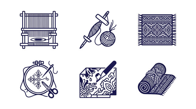 Set of icons representing textile crafts and art.