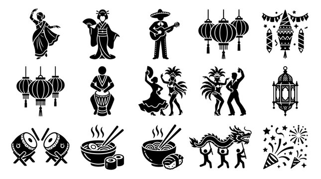 Collection of diverse cultural celebration icons and symbols