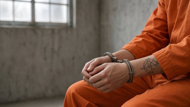 Close-up of a Prisoner in Orange Jumpsuit Sitting with Handcuffs in a Dim Detention Cell