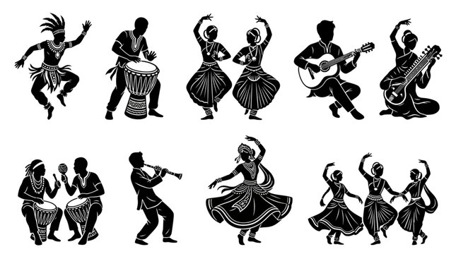 Silhouettes of Indian dancers and musicians in traditional attire.