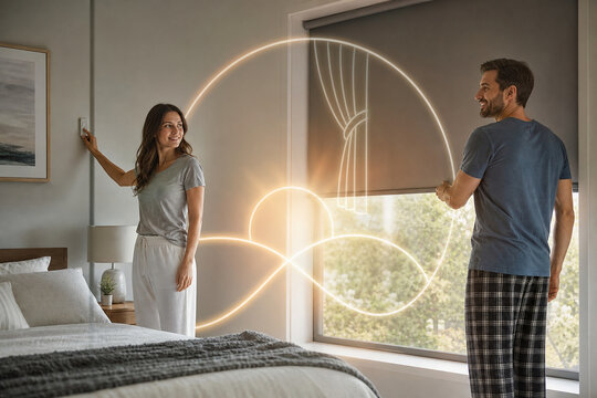 Couple aligning bedroom morning light