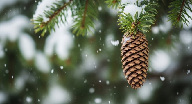 A pine cone hangs from a branch during a snowy winter scene with evergreen trees