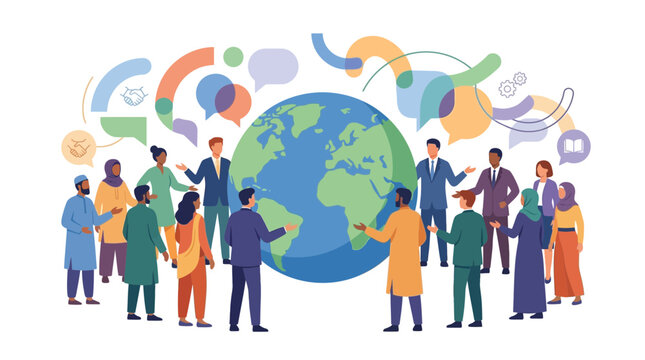 Vector Illustration of Diverse Global People Collaborating Around a World Map Globe