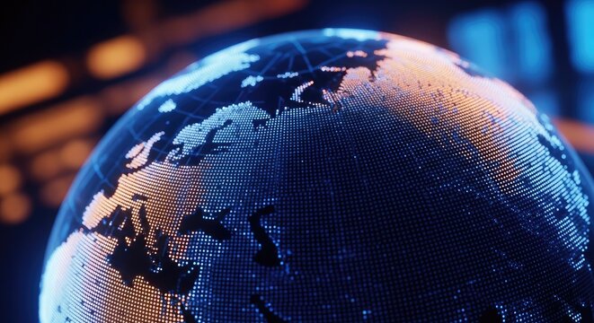 A futuristic globe with a fingerprint pattern symbolizing global identity and security