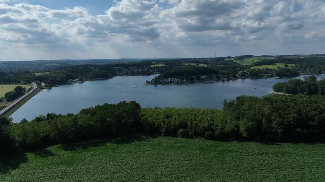 Aerial view of the Bever Reservoir in the Oberbergischer Kreis district of North Rhine-Westphalia. H&uuml;ckeswagen, Germany.