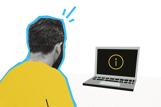 Composite photo collage of young man programmer sit back break macbook device error software problem device isolated on painted background