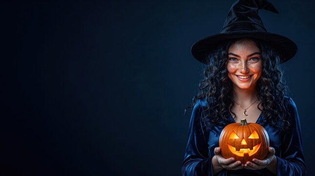 Enchanting young woman wearing a witch hat and holding a glowing jack-o-lantern, representing mystical Halloween traditions and festive autumn holiday celebration imagery.