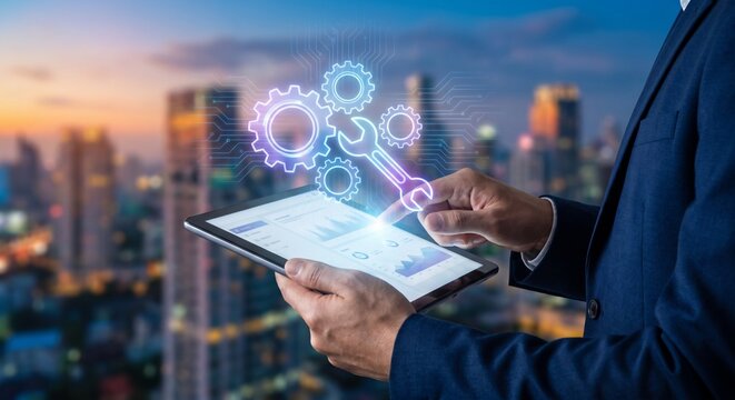 Businessman holding digital tablet with glowing gears and wrench hologram icon against city skyline background representing maintenance, operations, and IT support