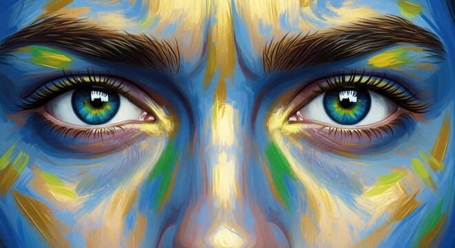 Vibrant portrait of a person's eyes with abstract blue yellow and green facial patterns