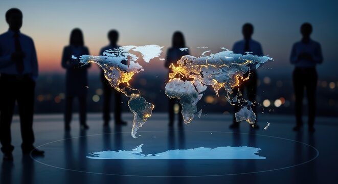 Silhouettes of people standing around a glowing world map at dusk or dawn