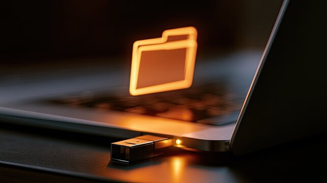 Glowing folder icon on laptop screen, connected by USB drive