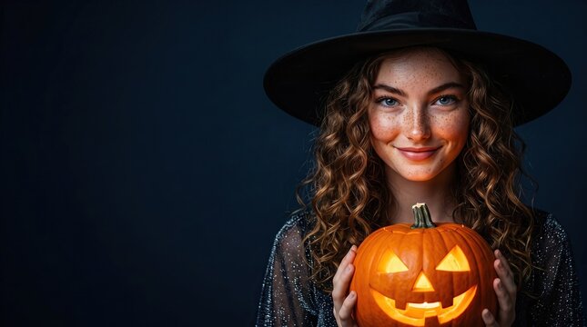 Portrait of a young woman wearing a witch hat and holding a glowing carved pumpkin lantern representing Halloween celebration, showcasing seasonal mystery and festive night atmosphere.